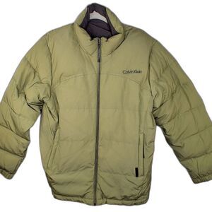 Down Puffer Jacket Women's Reversible Chartreuse Gray Calvin Klein Size L
